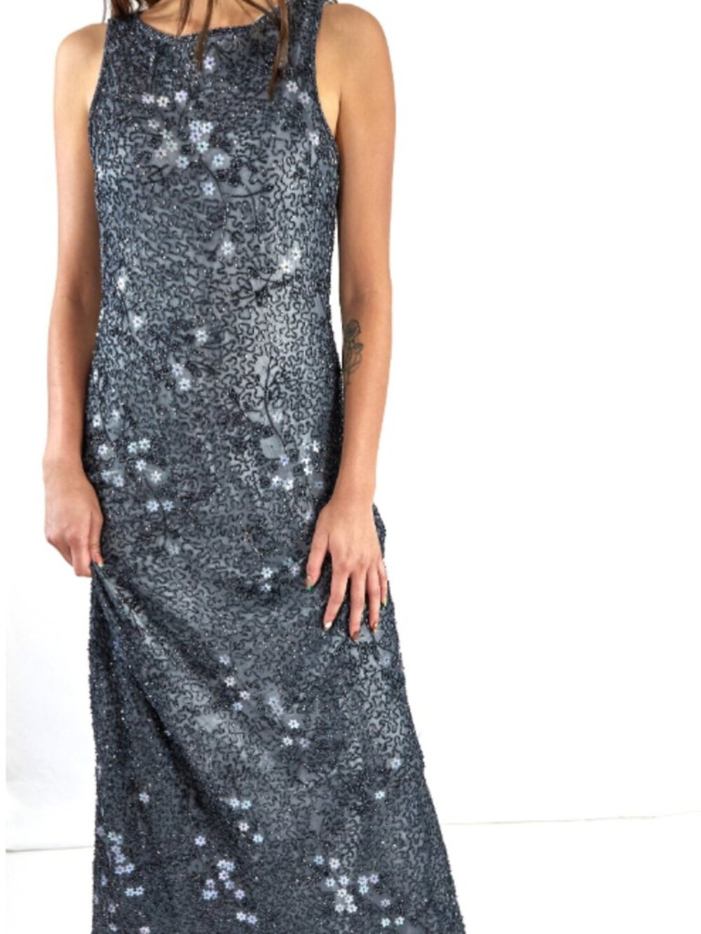 Vintage Stenay Grey Charcoal Blue Iridescent Beaded Flower Open Back Gown